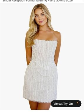 Amazon White Strapless Beaded Mini Wedding Dress